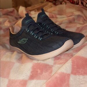 Skechers Navy Knit Slip-On Sneakers with Light Pink Soles